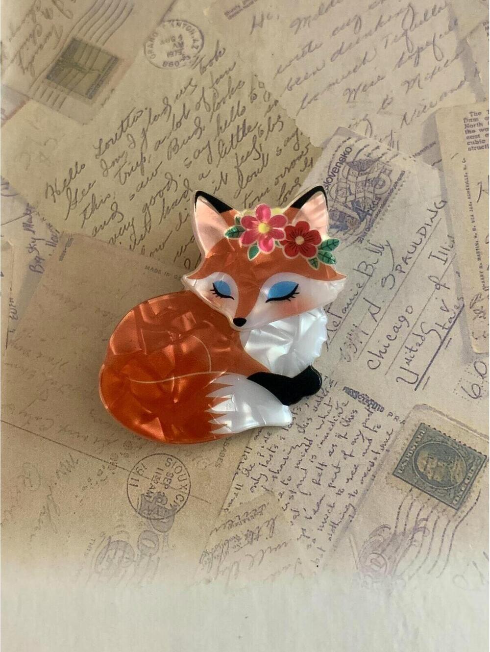Cute Sleeping Floral Fox Acrylic Novelty Statement Brooch Pin